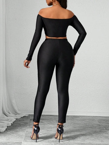 2pcs/Set Women Solid Color Fitted Casual Open Shoulder Blouse & Pants Set 2pcs/Set Women Solid Color Fitted Casual Open Shoulder Blouse & Pants Set