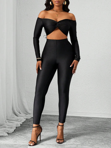 2pcs/Set Women Solid Color Fitted Casual Open Shoulder Blouse & Pants Set 2pcs/Set Women Solid Color Fitted Casual Open Shoulder Blouse & Pants Set