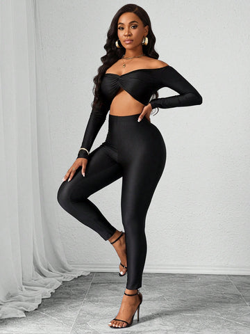 2pcs/Set Women Solid Color Fitted Casual Open Shoulder Blouse & Pants Set 2pcs/Set Women Solid Color Fitted Casual Open Shoulder Blouse & Pants Set
