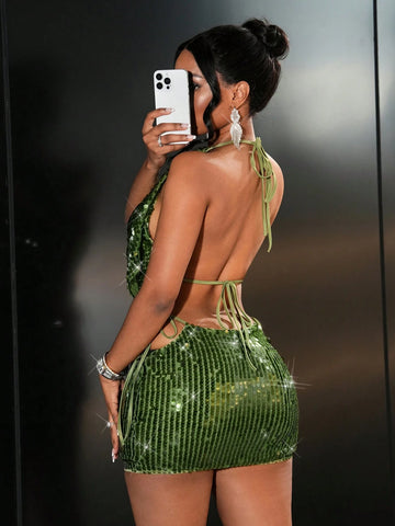 2pcs Set: Elegant Party & Banquet Sequined Draped Neck Short Mini Skirt For Women 2pcs Set: Elegant Party & Banquet Sequined Draped Neck Short Mini Skirt For Women