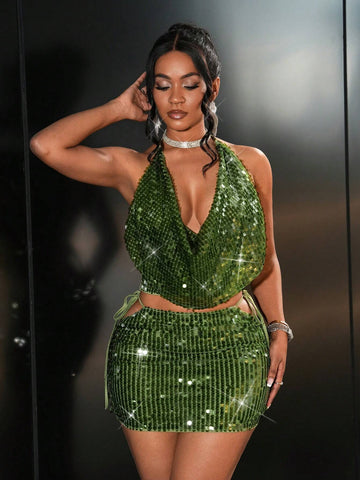 2pcs Set: Elegant Party & Banquet Sequined Draped Neck Short Mini Skirt For Women 2pcs Set: Elegant Party & Banquet Sequined Draped Neck Short Mini Skirt For Women