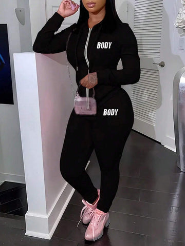 2pcs Women Letter Print Zip Up Long Sleeve Hoodie And Pants Set 2pcs Women Letter Print Zip Up Long Sleeve Hoodie And Pants Set