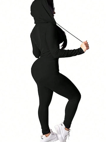 2pcs Women Letter Print Zip Up Long Sleeve Hoodie And Pants Set 2pcs Women Letter Print Zip Up Long Sleeve Hoodie And Pants Set