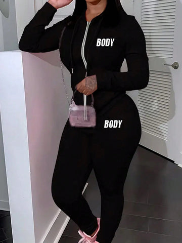 2pcs Women Letter Print Zip Up Long Sleeve Hoodie And Pants Set 2pcs Women Letter Print Zip Up Long Sleeve Hoodie And Pants Set