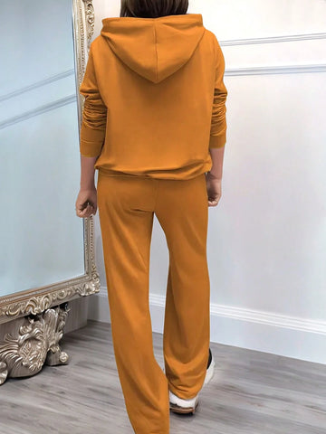 2pcs Women Solid Long Sleeve Hooded Top With Pocket And Pants Set 2pcs Women Solid Long Sleeve Hooded Top With Pocket And Pants Set