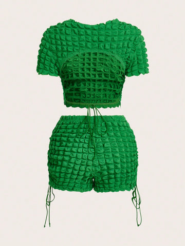 Backless Texture Material Short Sleeve T-Shirt And Drawstring Shorts Set Backless Texture Material Short Sleeve T-Shirt And Drawstring Shorts Set