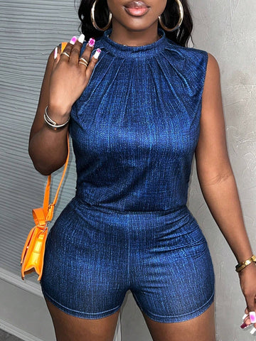 Casual Small Stand-Up Collar Sleeveless Fitted Top, Tight Shorts, Imitation Denim Fabric, All-Over Printing, Navy Blue Women's Two-Piece Set-C Casual Small Stand-Up Collar Sleeveless Fitted Top, Tight Shorts, Imitation Denim Fabric, All-Over Printing, Navy Blue Women's Two-Piece Set-C