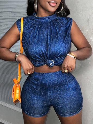 Casual Small Stand-Up Collar Sleeveless Fitted Top, Tight Shorts, Imitation Denim Fabric, All-Over Printing, Navy Blue Women's Two-Piece Set-C Casual Small Stand-Up Collar Sleeveless Fitted Top, Tight Shorts, Imitation Denim Fabric, All-Over Printing, Navy Blue Women's Two-Piece Set-C