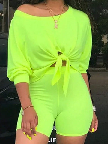 Loose Casual Off-Shoulder Knotted Wide Leg T-Shirt And Skinny Pants Set-E Loose Casual Off-Shoulder Knotted Wide Leg T-Shirt And Skinny Pants Set-E