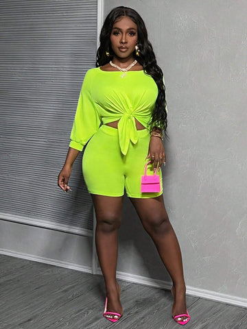 Loose Casual Off-Shoulder Knotted Wide Leg T-Shirt And Skinny Pants Set-E Loose Casual Off-Shoulder Knotted Wide Leg T-Shirt And Skinny Pants Set-E