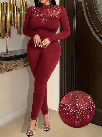 New Sexy And Gorgeous Small Stand-Up Collar Mesh Stitching Hot Diamond Heart Stitching Slim Long-Sleeved Trousers Women's Tight Jumpsuit New Sexy And Gorgeous Small Stand-Up Collar Mesh Stitching Hot Diamond Heart Stitching Slim Long-Sleeved Trousers Women's Tight Jumpsuit