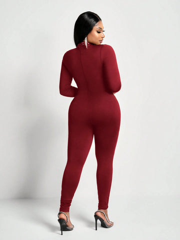 New Sexy And Gorgeous Small Stand-Up Collar Mesh Stitching Hot Diamond Heart Stitching Slim Long-Sleeved Trousers Women's Tight Jumpsuit New Sexy And Gorgeous Small Stand-Up Collar Mesh Stitching Hot Diamond Heart Stitching Slim Long-Sleeved Trousers Women's Tight Jumpsuit
