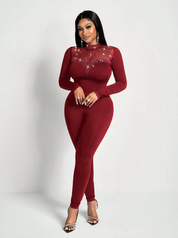 New Sexy And Gorgeous Small Stand-Up Collar Mesh Stitching Hot Diamond Heart Stitching Slim Long-Sleeved Trousers Women's Tight Jumpsuit New Sexy And Gorgeous Small Stand-Up Collar Mesh Stitching Hot Diamond Heart Stitching Slim Long-Sleeved Trousers Women's Tight Jumpsuit