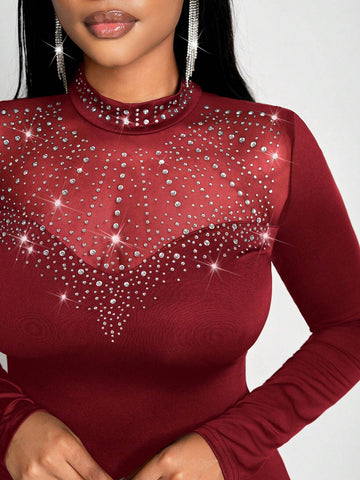 New Sexy And Gorgeous Small Stand-Up Collar Mesh Stitching Hot Diamond Heart Stitching Slim Long-Sleeved Trousers Women's Tight Jumpsuit New Sexy And Gorgeous Small Stand-Up Collar Mesh Stitching Hot Diamond Heart Stitching Slim Long-Sleeved Trousers Women's Tight Jumpsuit