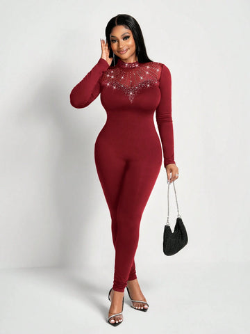 New Sexy And Gorgeous Small Stand-Up Collar Mesh Stitching Hot Diamond Heart Stitching Slim Long-Sleeved Trousers Women's Tight Jumpsuit New Sexy And Gorgeous Small Stand-Up Collar Mesh Stitching Hot Diamond Heart Stitching Slim Long-Sleeved Trousers Women's Tight Jumpsuit