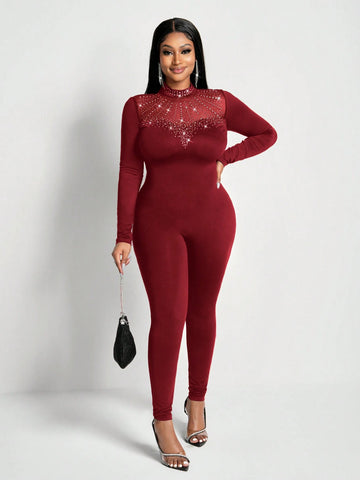 New Sexy And Gorgeous Small Stand-Up Collar Mesh Stitching Hot Diamond Heart Stitching Slim Long-Sleeved Trousers Women's Tight Jumpsuit New Sexy And Gorgeous Small Stand-Up Collar Mesh Stitching Hot Diamond Heart Stitching Slim Long-Sleeved Trousers Women's Tight Jumpsuit