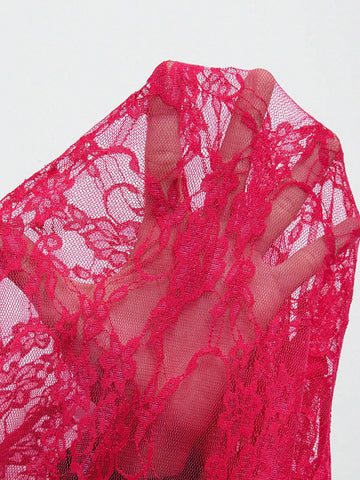 New Sexy Valentine's Day Date Party Stand-Up Collar Lace Shape Collar Sleeveless Vest Style Slim Shorts Lace Rose Red See-Through Women's Tight Jumpsuit-AA New Sexy Valentine's Day Date Party Stand-Up Collar Lace Shape Collar Sleeveless Vest Style Slim Shorts Lace Rose Red See-Through Women's Tight Jumpsuit-AA