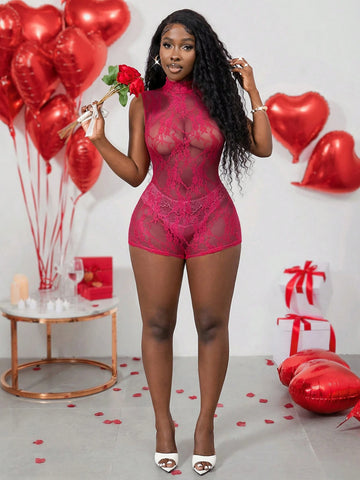 New Sexy Valentine's Day Date Party Stand-Up Collar Lace Shape Collar Sleeveless Vest Style Slim Shorts Lace Rose Red See-Through Women's Tight Jumpsuit-AA New Sexy Valentine's Day Date Party Stand-Up Collar Lace Shape Collar Sleeveless Vest Style Slim Shorts Lace Rose Red See-Through Women's Tight Jumpsuit-AA