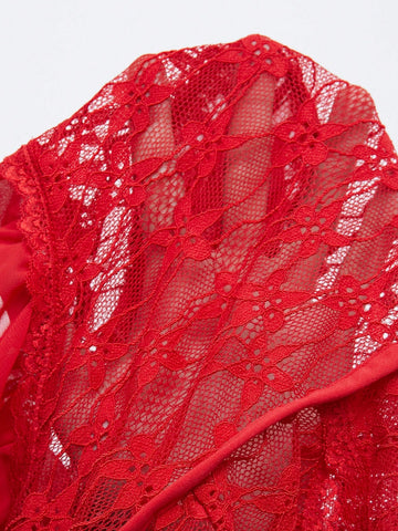 New Sexy Valentine's Day Sexy Underwear, See-Through Halterneck, Deep V-Neck, Lace Splicing, Chiffon, Front Flap, Ruffled Hem, Red Women's Jumpsuit-AA New Sexy Valentine's Day Sexy Underwear, See-Through Halterneck, Deep V-Neck, Lace Splicing, Chiffon, Front Flap, Ruffled Hem, Red Women's Jumpsuit-AA
