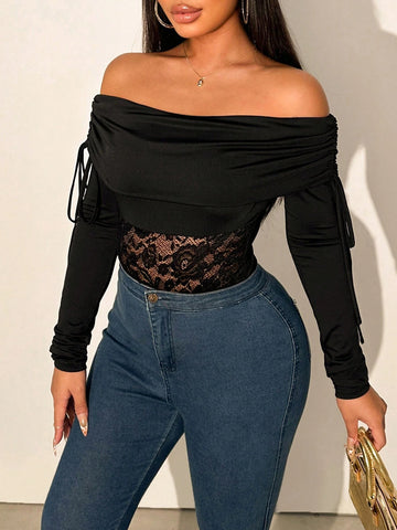 One-Shoulder Rope-Decorated Waist With Lace Trim One-Shoulder Rope-Decorated Waist With Lace Trim