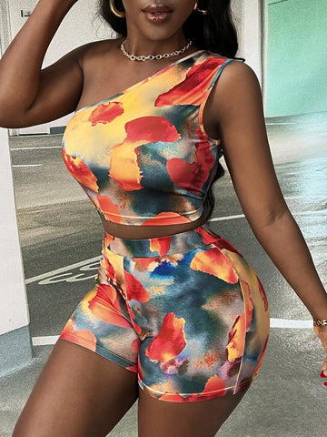 One Shoulder Sleeveless Cropped Top And Shorts Set One Shoulder Sleeveless Cropped Top And Shorts Set