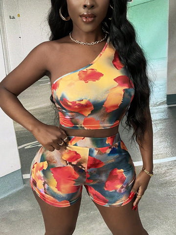 One Shoulder Sleeveless Cropped Top And Shorts Set One Shoulder Sleeveless Cropped Top And Shorts Set