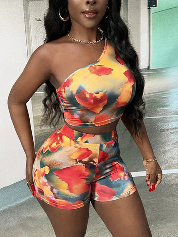 One Shoulder Sleeveless Cropped Top And Shorts Set One Shoulder Sleeveless Cropped Top And Shorts Set