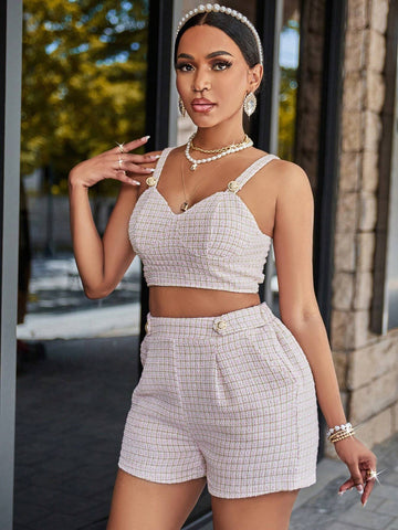 Slayr Plaid Print Slant Pocket Tweed Shorts Slayr Plaid Print Slant Pocket Tweed Shorts