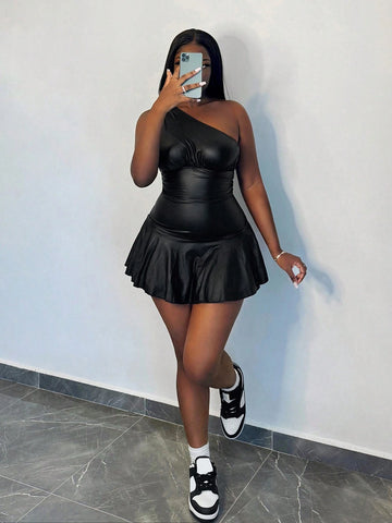 Sexy Street Asymmetric Shoulder Ruched A-Line Mini Black Stockings PU Bodysuit For Women, Autumn/Winter Sexy Street Asymmetric Shoulder Ruched A-Line Mini Black Stockings PU Bodysuit For Women, Autumn/Winter