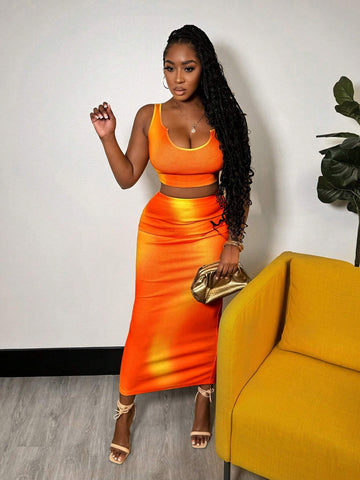 Simple Leisure Basic Beach Sleeveless Crop Top Tight Hip Skirt Set With Ribbed Knit, Orange Tie Dye, Women's 2pcs, Z Simple Leisure Basic Beach Sleeveless Crop Top Tight Hip Skirt Set With Ribbed Knit, Orange Tie Dye, Women's 2pcs, Z