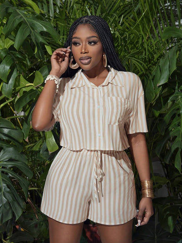 Summer Casual Simple Lapel Short-Sleeved Open Placket Truncated Shirt Fitted Shorts Striped Cotton Two-Piece Women's Set Summer Casual Simple Lapel Short-Sleeved Open Placket Truncated Shirt Fitted Shorts Striped Cotton Two-Piece Women's Set