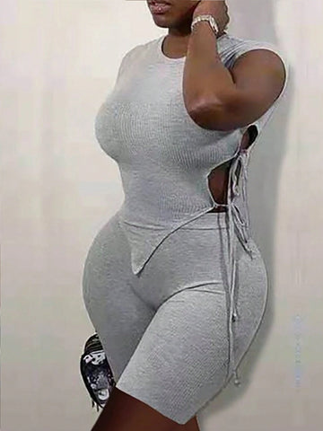 Summer Solid Color Asymmetrical Hem Slim Fit Short Sleeve Top And Shorts Set With Side Tie Summer Solid Color Asymmetrical Hem Slim Fit Short Sleeve Top And Shorts Set With Side Tie