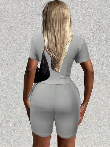 Summer Solid Color Asymmetrical Hem Slim Fit Short Sleeve Top And Shorts Set With Side Tie Summer Solid Color Asymmetrical Hem Slim Fit Short Sleeve Top And Shorts Set With Side Tie