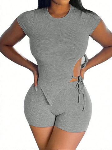 Summer Solid Color Asymmetrical Hem Slim Fit Short Sleeve Top And Shorts Set With Side Tie Summer Solid Color Asymmetrical Hem Slim Fit Short Sleeve Top And Shorts Set With Side Tie