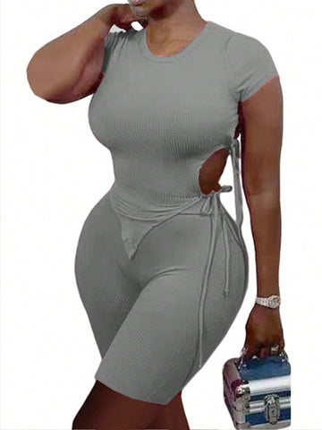 Summer Solid Color Asymmetrical Hem Slim Fit Short Sleeve Top And Shorts Set With Side Tie Summer Solid Color Asymmetrical Hem Slim Fit Short Sleeve Top And Shorts Set With Side Tie