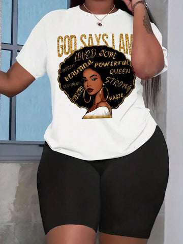 Women'S Letter And Character Printed Short Sleeve T-Shirt And Shorts Set Women'S Letter And Character Printed Short Sleeve T-Shirt And Shorts Set