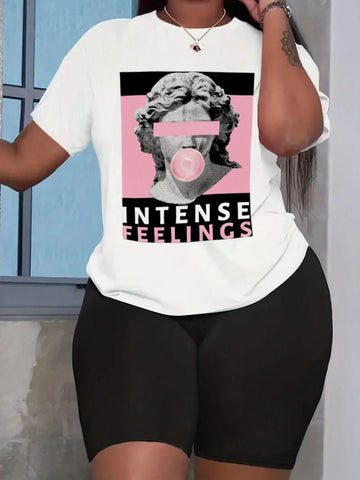 Women'S Sculpture Alphabet Print Short Sleeve T-Shirt And Shorts Set Women'S Sculpture Alphabet Print Short Sleeve T-Shirt And Shorts Set