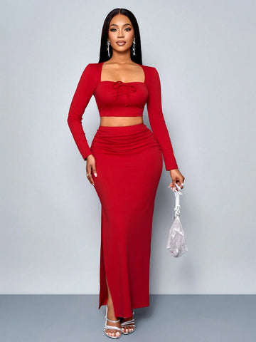 Women Square Neck Long Sleeve Tie Front Blouse And A-Line Skirt Casual Outfit Women Square Neck Long Sleeve Tie Front Blouse And A-Line Skirt Casual Outfit