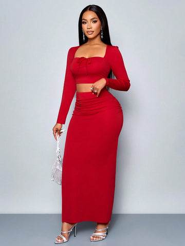 Women Square Neck Long Sleeve Tie Front Blouse And A-Line Skirt Casual Outfit Women Square Neck Long Sleeve Tie Front Blouse And A-Line Skirt Casual Outfit