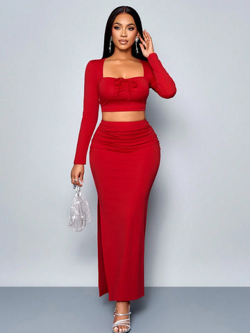 Women Square Neck Long Sleeve Tie Front Blouse And A-Line Skirt Casual Outfit Women Square Neck Long Sleeve Tie Front Blouse And A-Line Skirt Casual Outfit