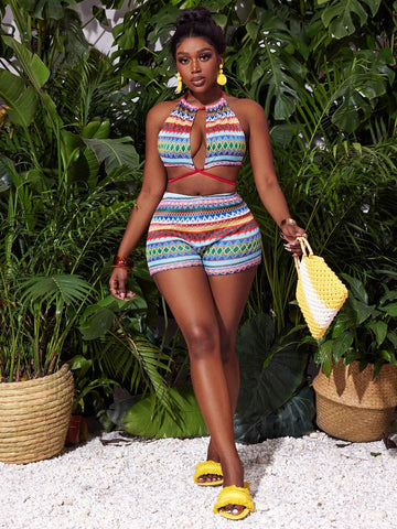 Women Summer Fashionable Vacation Contrast Color Embroidery Detail Halter Neck Top And Shorts Set Women Summer Fashionable Vacation Contrast Color Embroidery Detail Halter Neck Top And Shorts Set