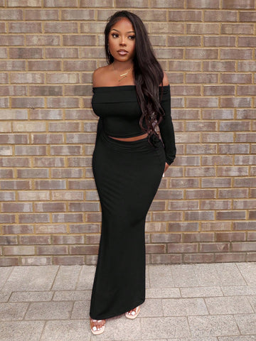 Women's 2pcs Set Elegant Casual Date Party Outfit - Off Shoulder Long Sleeve Top & Fish Tail Skirt Women's 2pcs Set Elegant Casual Date Party Outfit - Off Shoulder Long Sleeve Top & Fish Tail Skirt