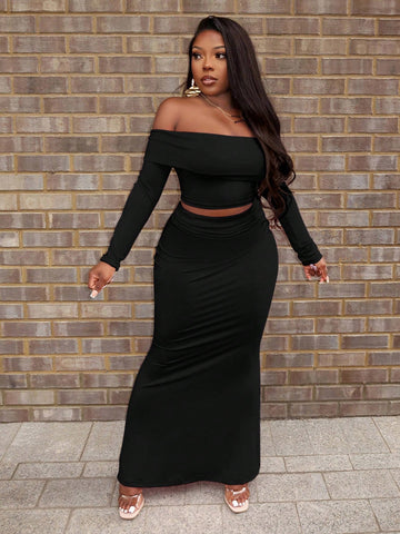 Women's 2pcs Set Elegant Casual Date Party Outfit - Off Shoulder Long Sleeve Top & Fish Tail Skirt Women's 2pcs Set Elegant Casual Date Party Outfit - Off Shoulder Long Sleeve Top & Fish Tail Skirt