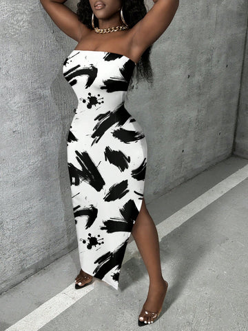 Women's Brushstroke Print Strapless Bodycon Dress Women's Brushstroke Print Strapless Bodycon Dress
