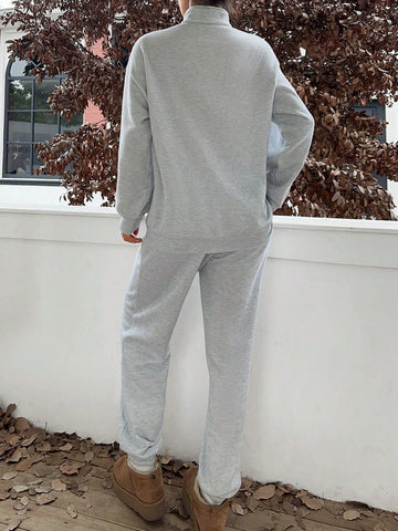 Women's Casual High Collar Half Zip Long Sleeve Thick Fleece Sweatshirt And Long Pants Set, Suitable For Autumn/Winter Women's Casual High Collar Half Zip Long Sleeve Thick Fleece Sweatshirt And Long Pants Set, Suitable For Autumn/Winter