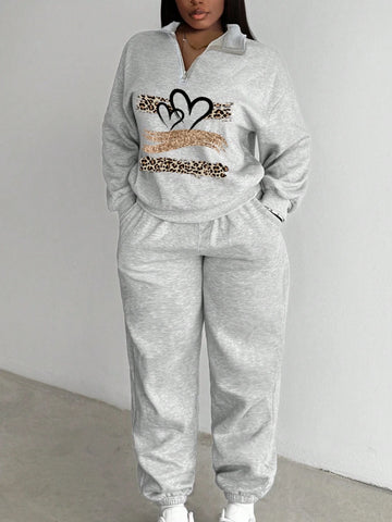 Women's Casual High Collar Half Zip Long Sleeve Thick Fleece Sweatshirt And Long Pants Set, Suitable For Autumn/Winter Women's Casual High Collar Half Zip Long Sleeve Thick Fleece Sweatshirt And Long Pants Set, Suitable For Autumn/Winter