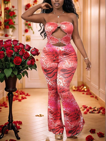 Women's Casual Red Leopard Print Sexy Hollow Out Metal Buckle Decorative Valentine's Day Jumpsuit Women's Casual Red Leopard Print Sexy Hollow Out Metal Buckle Decorative Valentine's Day Jumpsuit
