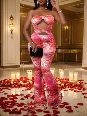 Women's Casual Red Leopard Print Sexy Hollow Out Metal Buckle Decorative Valentine's Day Jumpsuit Women's Casual Red Leopard Print Sexy Hollow Out Metal Buckle Decorative Valentine's Day Jumpsuit