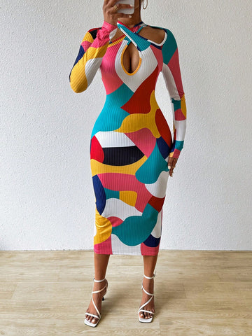 Women's Color Block Hollow Out Bodycon Dress Women's Color Block Hollow Out Bodycon Dress