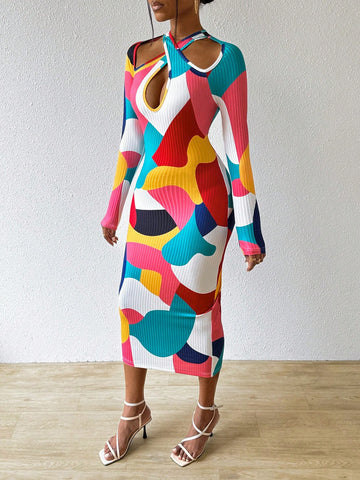 Women's Color Block Hollow Out Bodycon Dress Women's Color Block Hollow Out Bodycon Dress